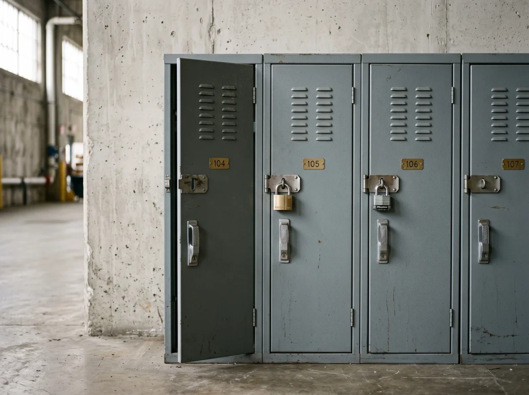 Row of powder coated steel lockers for worker housing Dubai