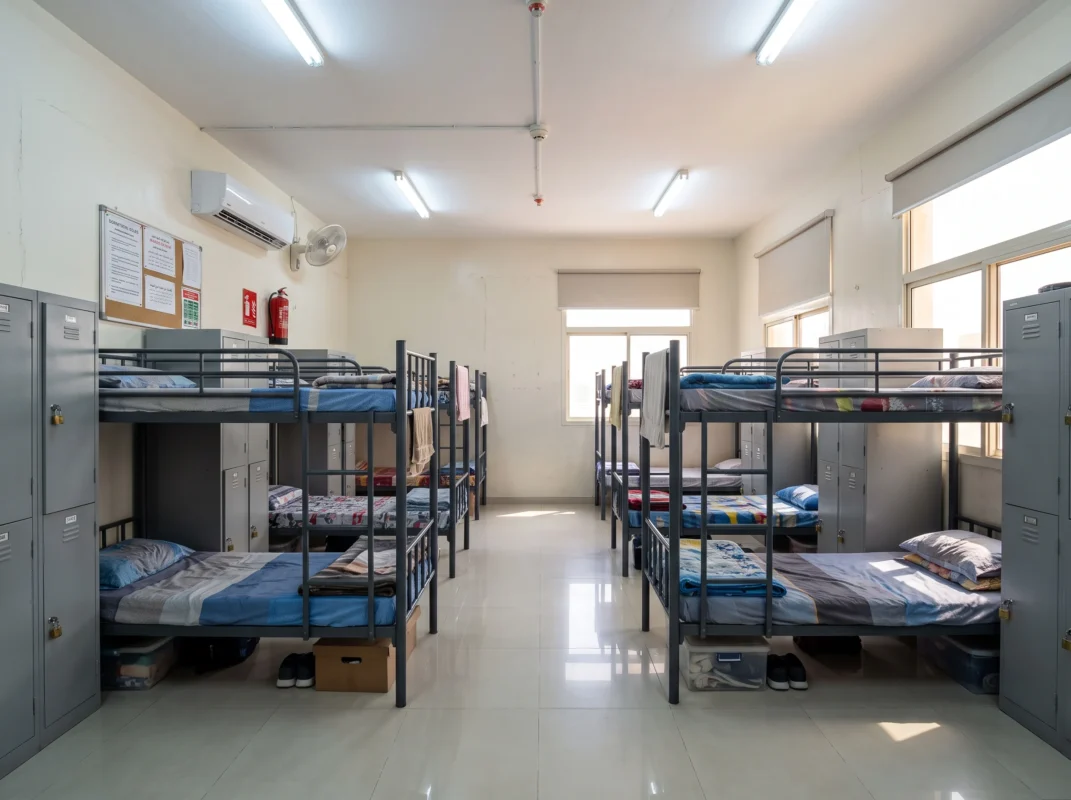 Heavy-duty steel double bunk bed designed for labour camp accommodation in the UAE.