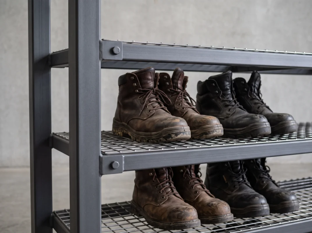 Heavy duty metal shoe rack detail for bulk labour camp storage UAE