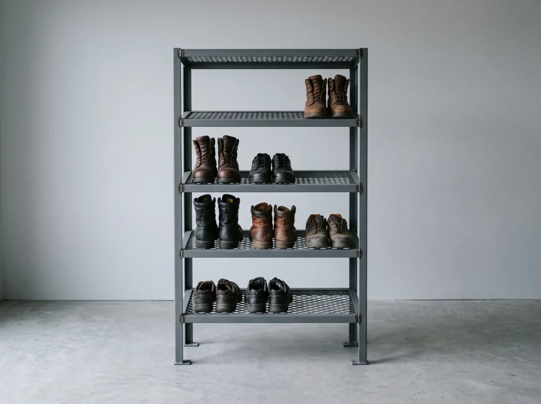Multi-tier steel shoe rack for labour camp worker accommodation UAE
