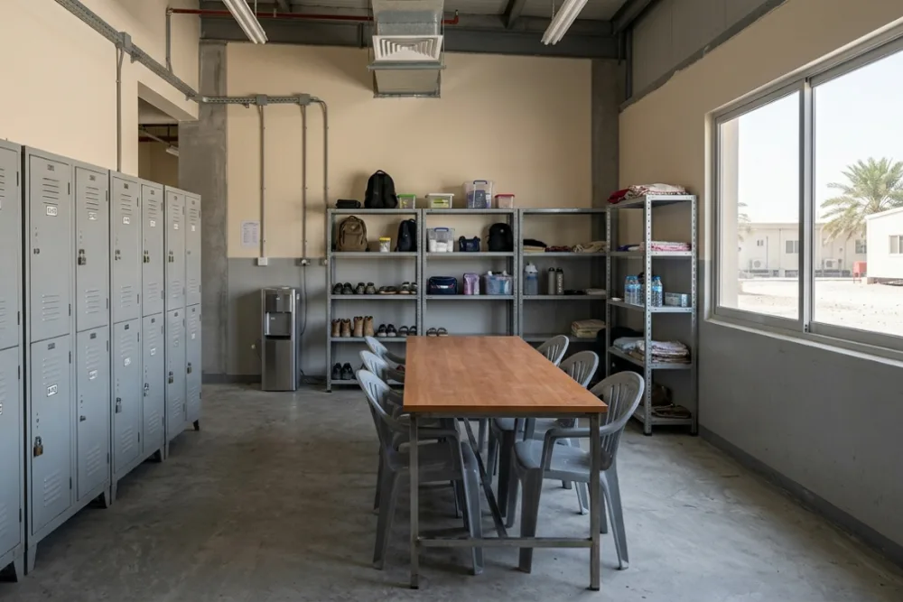 Heavy-duty metal storage lockers and communal dining table with chairs in UAE worker accommodation
