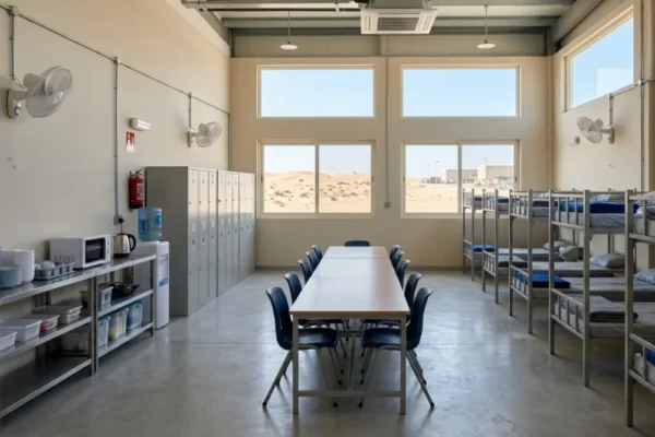 Clean and functional labor camp dormitory room with essential furniture for UAE worker accommodations in 2026