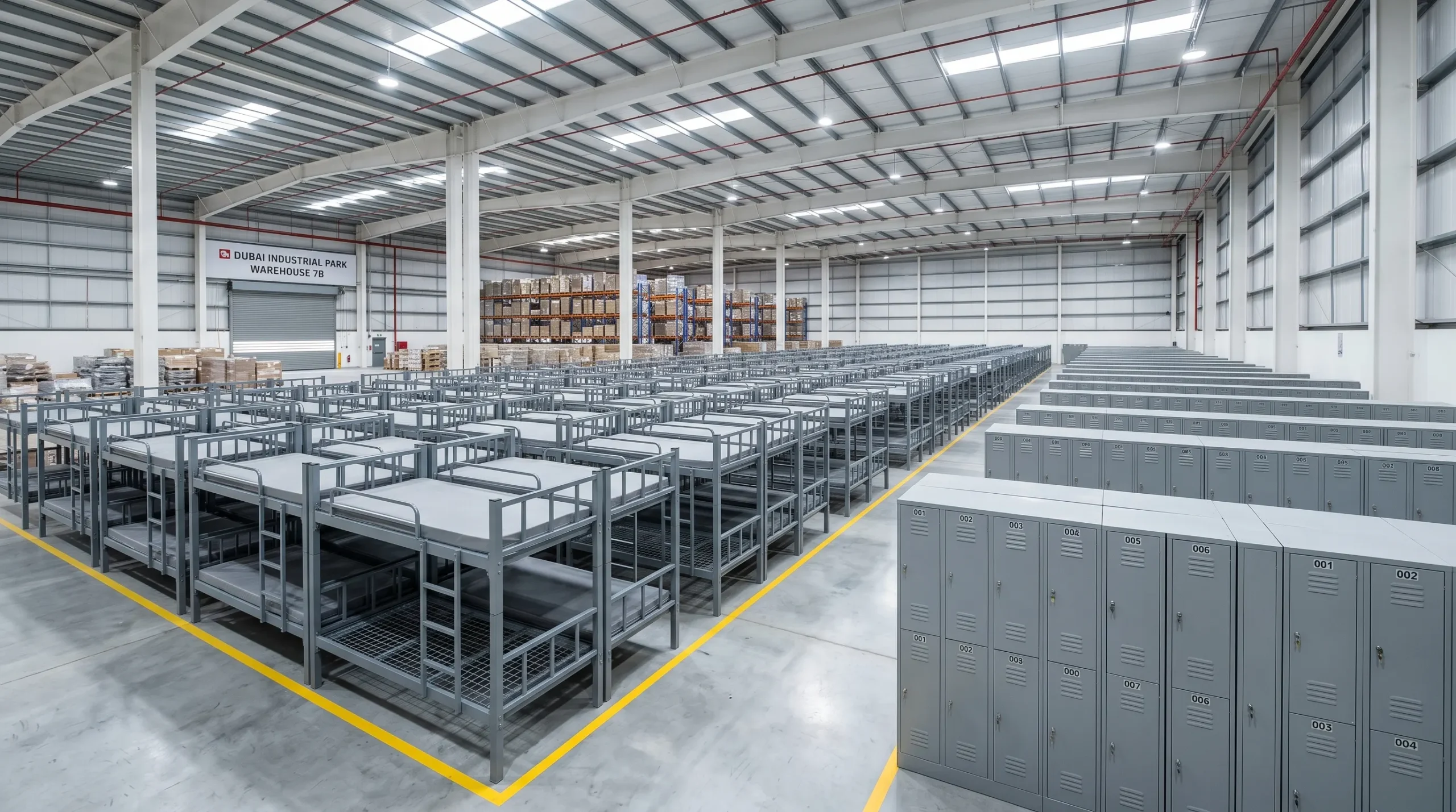 Bulk steel bunk beds and metal lockers from a labour camp furniture supplier in Dubai UAE