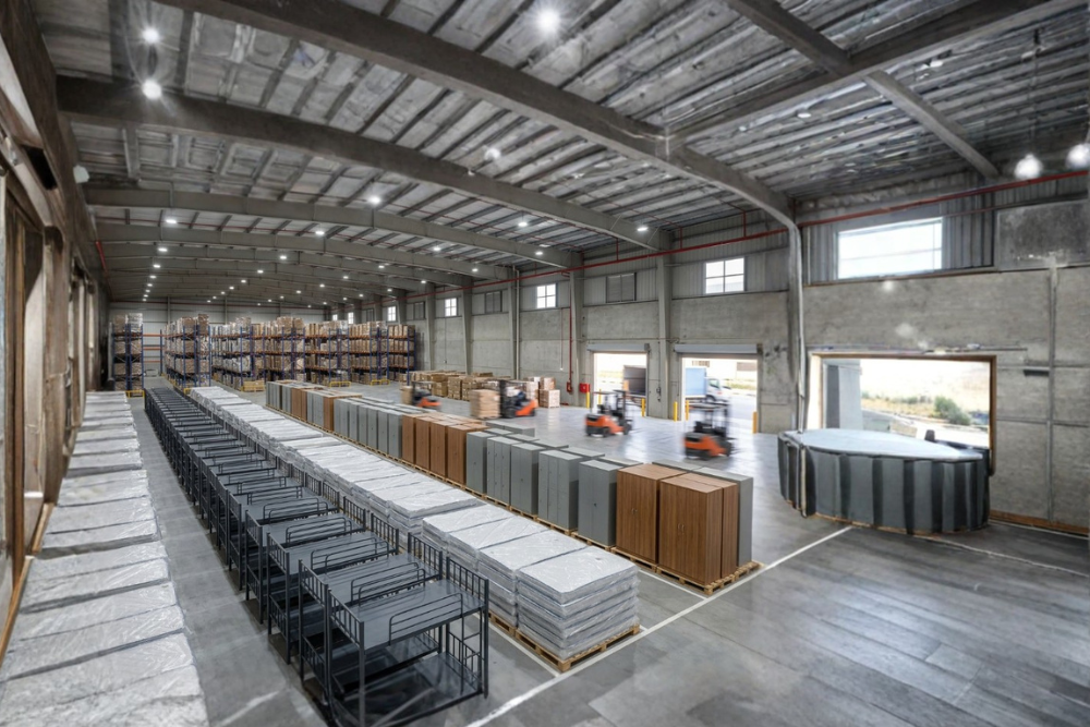 Bulk labour camp furniture supplier in UAE with heavy duty bunk beds, lockers and mattresses in warehouse.
