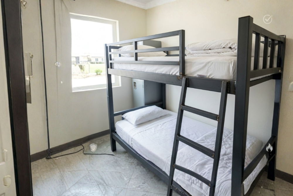 Heavy duty bunk beds UAE with fire resistant mattresses inside compliant labour camp accommodation.