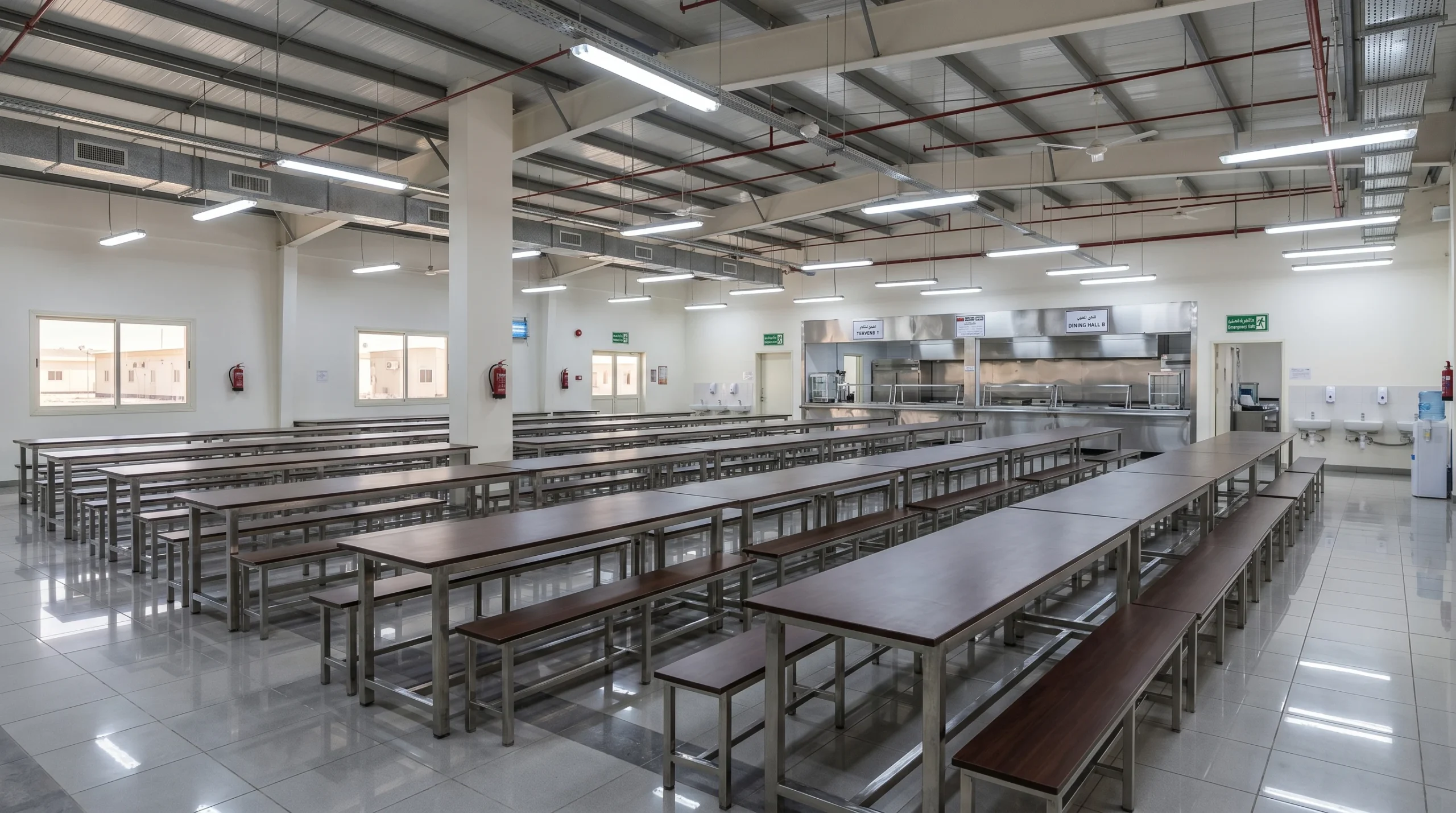Labour camp canteen dining tables and bench sets for bulk worker accommodation in UAE