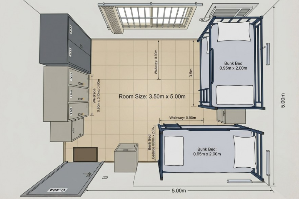 Efficient labour camp room furniture layout in UAE with bunk beds, lockers and wardrobes.