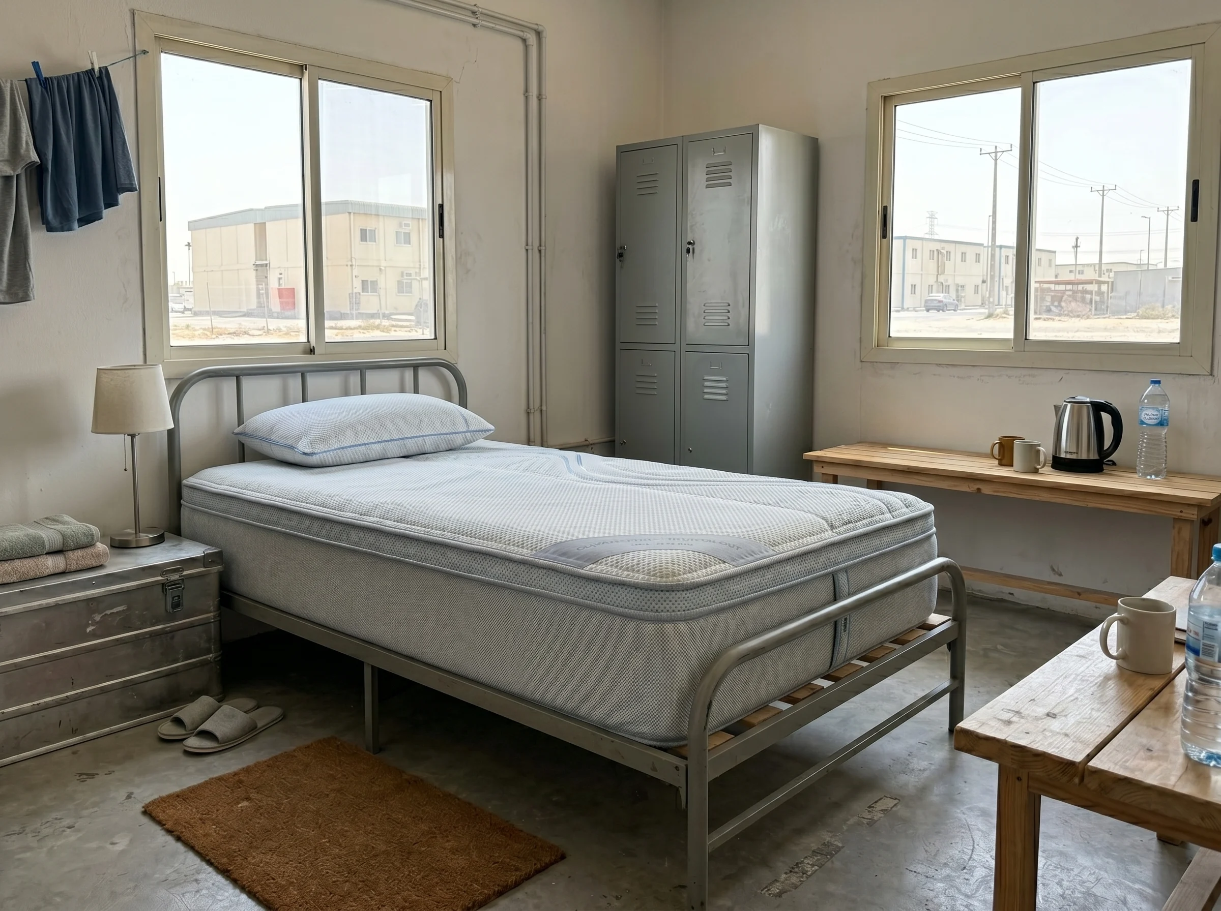 Single metal bed and storage locker in worker accommodation provided by a labour camp furniture supplier in Abu Dhabi