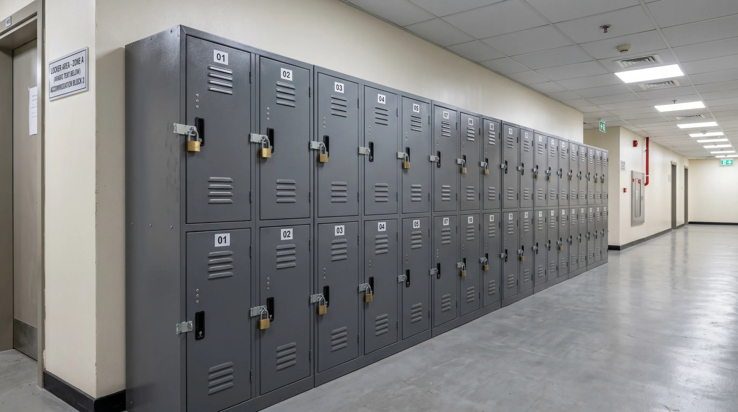 Heavy-duty steel four-door lockers for labour camp and staff accommodation in UAE