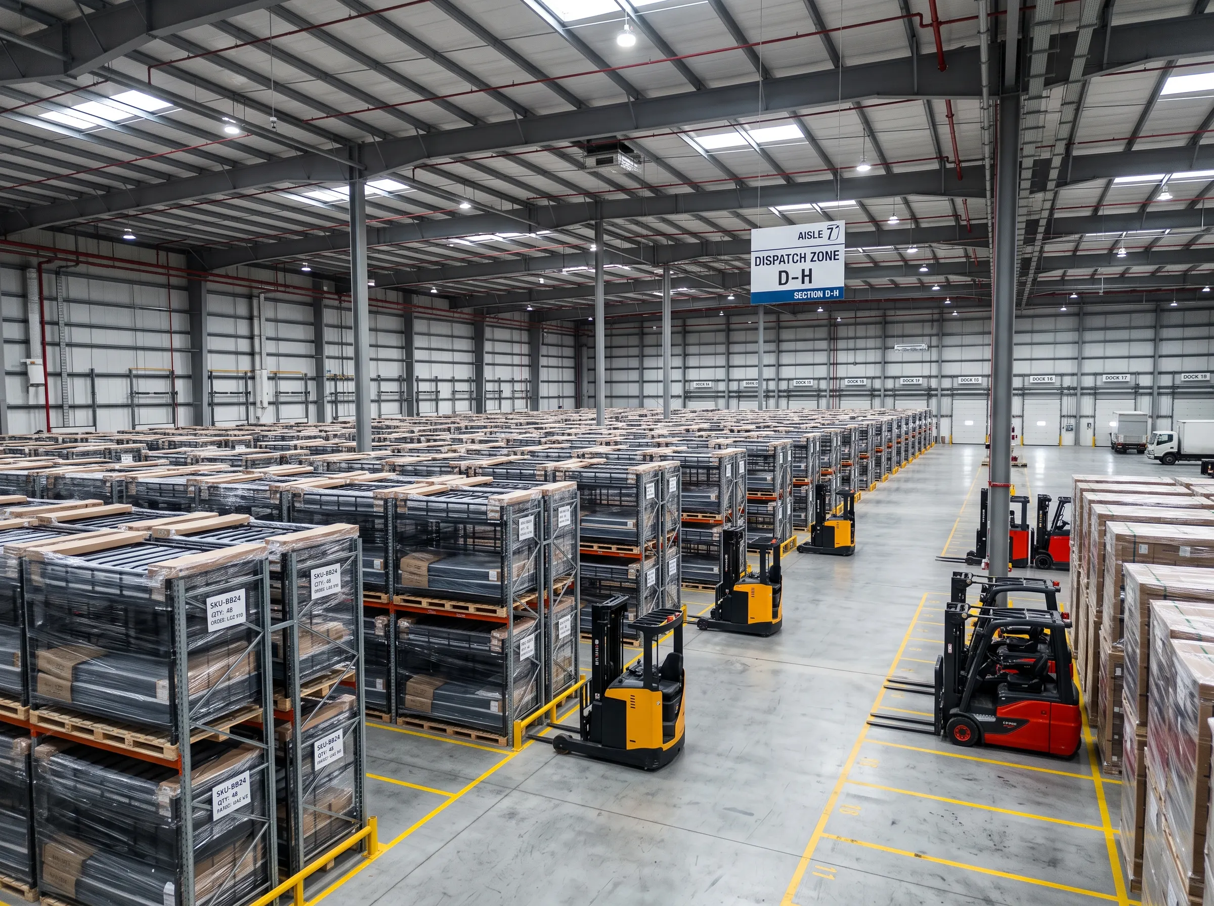 Warehouse storing bulk steel bunk beds for fast delivery across the UAE.