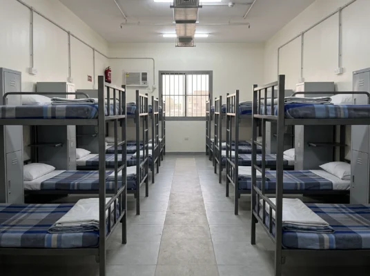 Heavy-duty steel bunk beds supplied in bulk for labour camps across the UAE.
