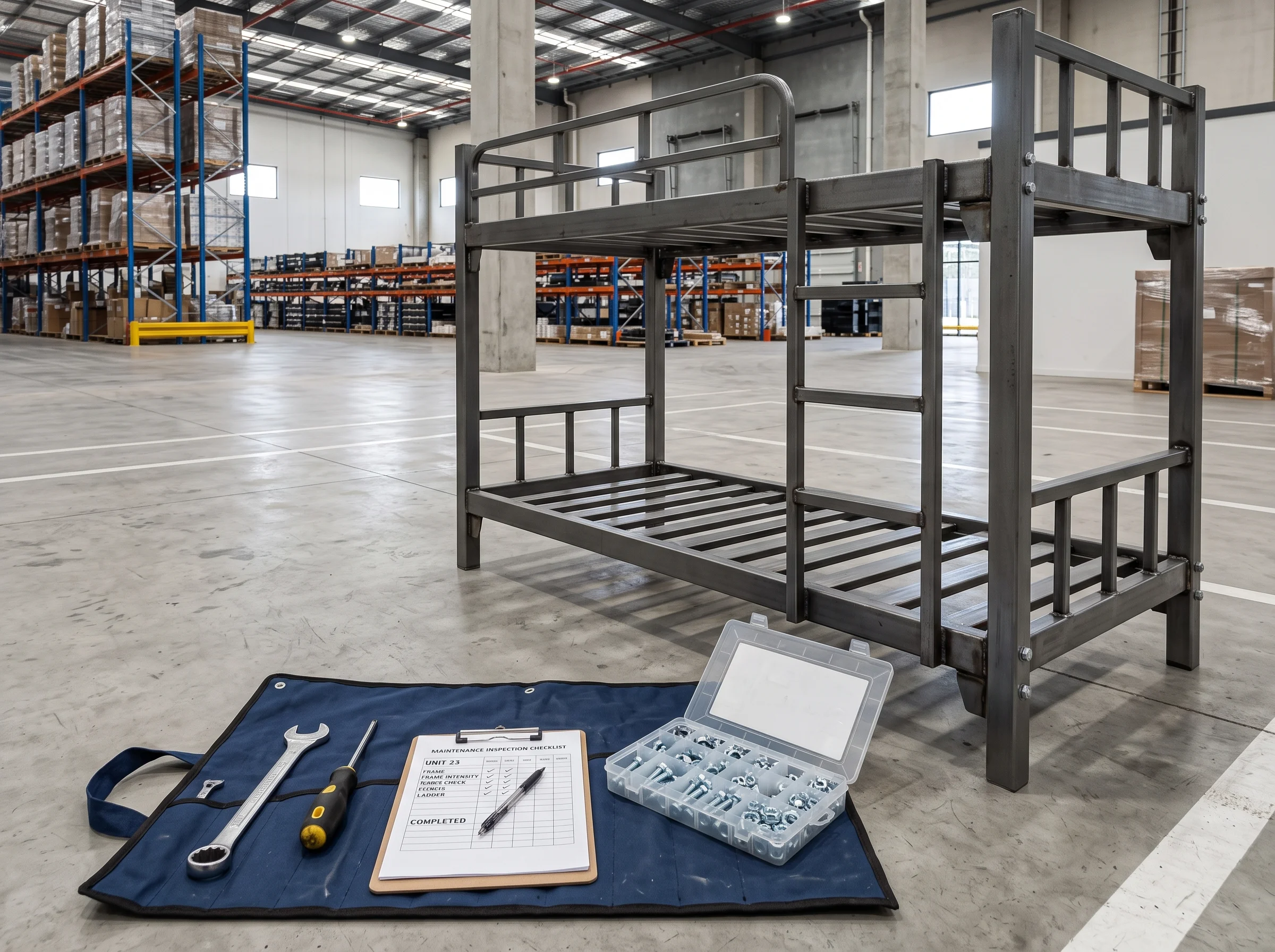 Maintenance tools used for inspecting and repairing heavy duty bunk beds.