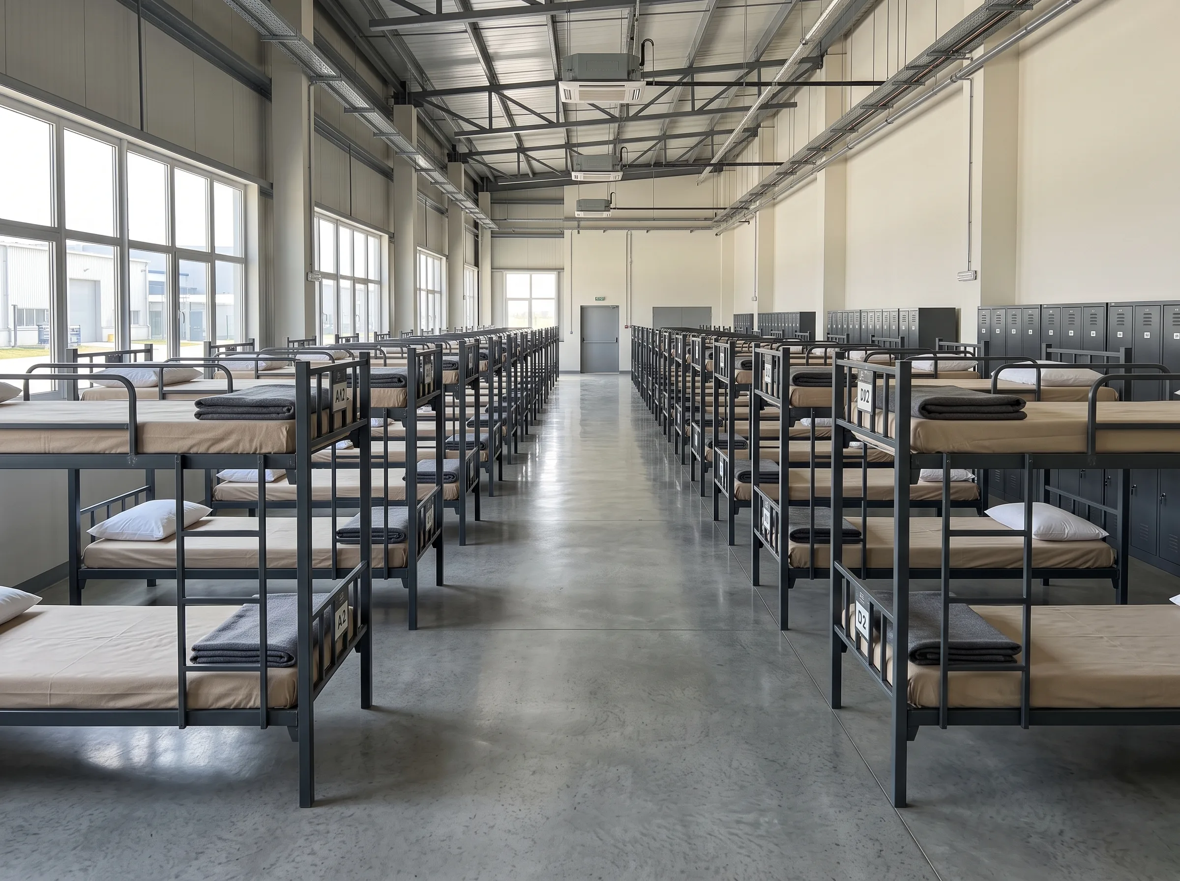 Heavy duty steel bunk beds inside a clean UAE labour camp dormitory.