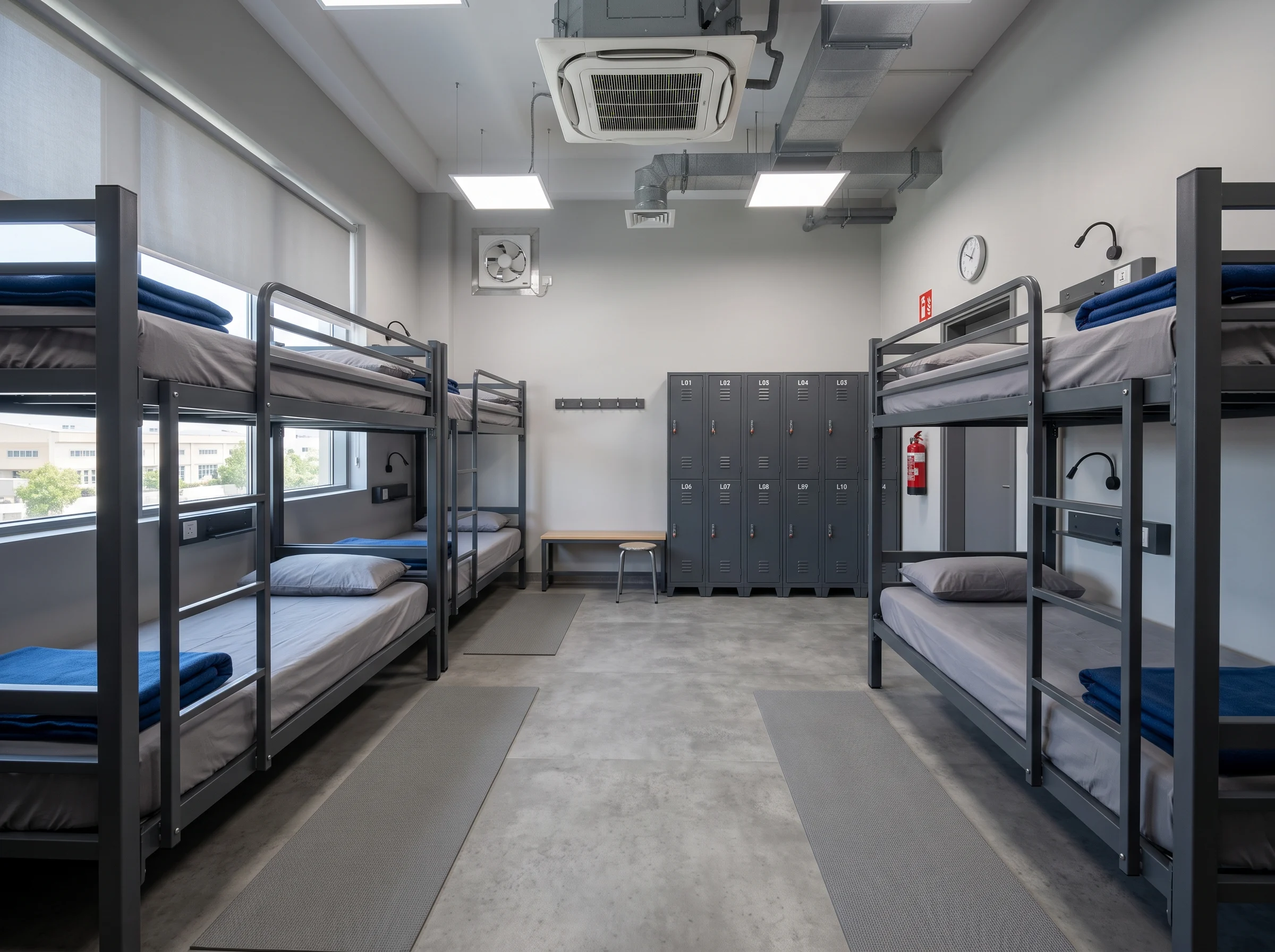 Well-maintained staff accommodation room with heavy duty bunk beds and lockers.