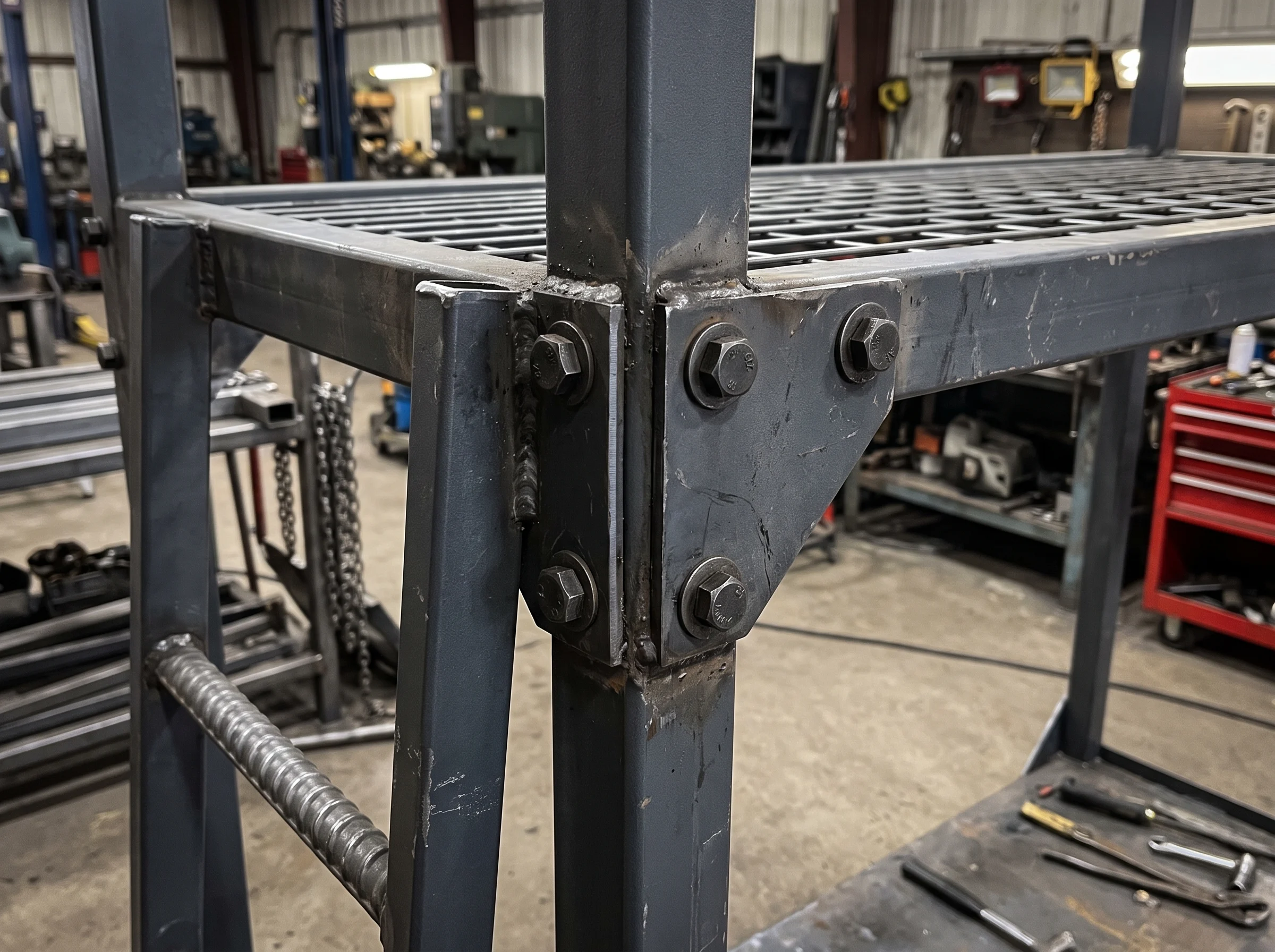 Close-up inspection of heavy duty steel bunk bed frame and hardware