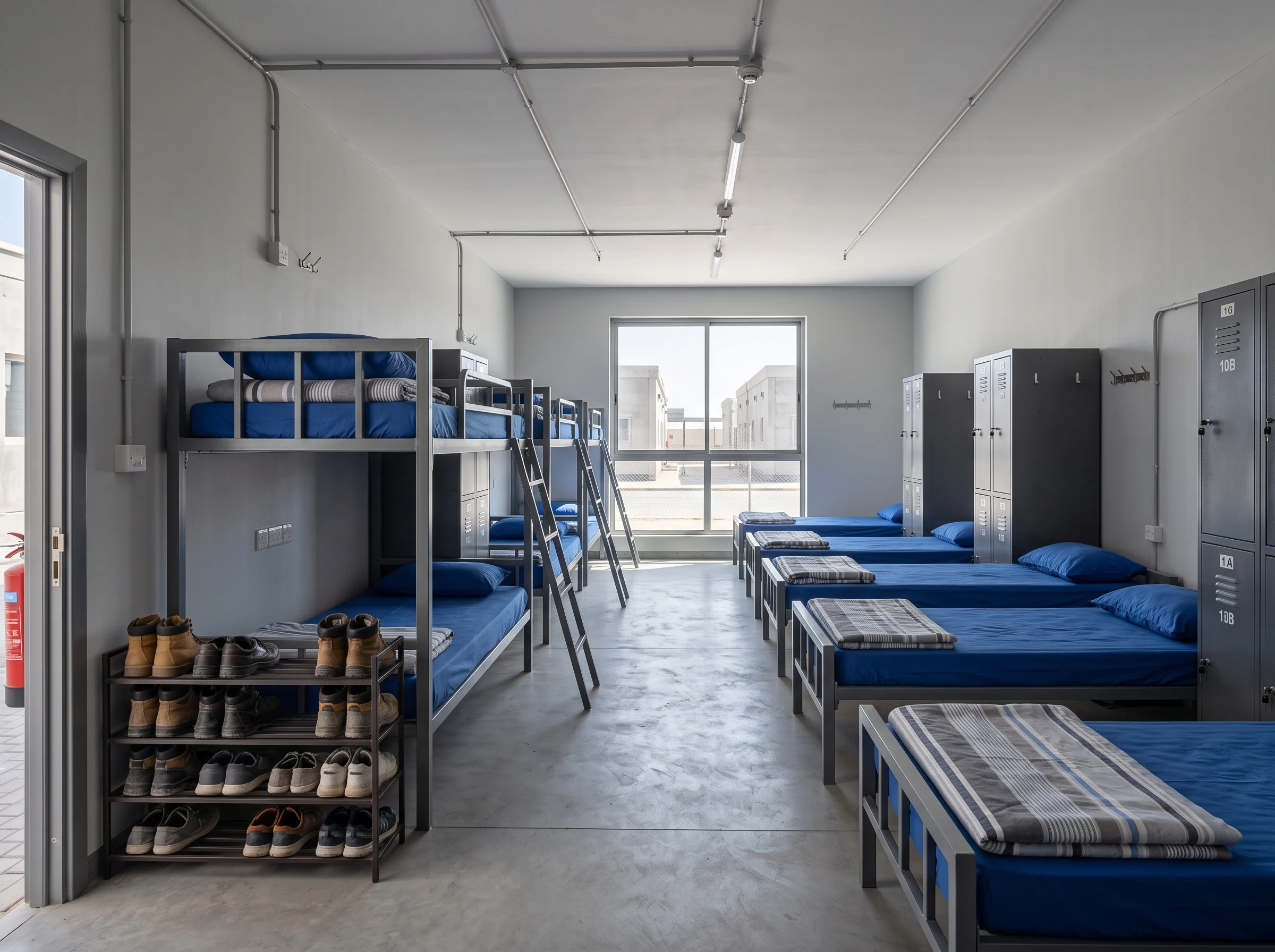 Complete labour camp furniture setup with steel lockers and bunk beds.
