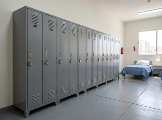 Heavy-duty steel lockers installed in a UAE labour camp accommodation room.