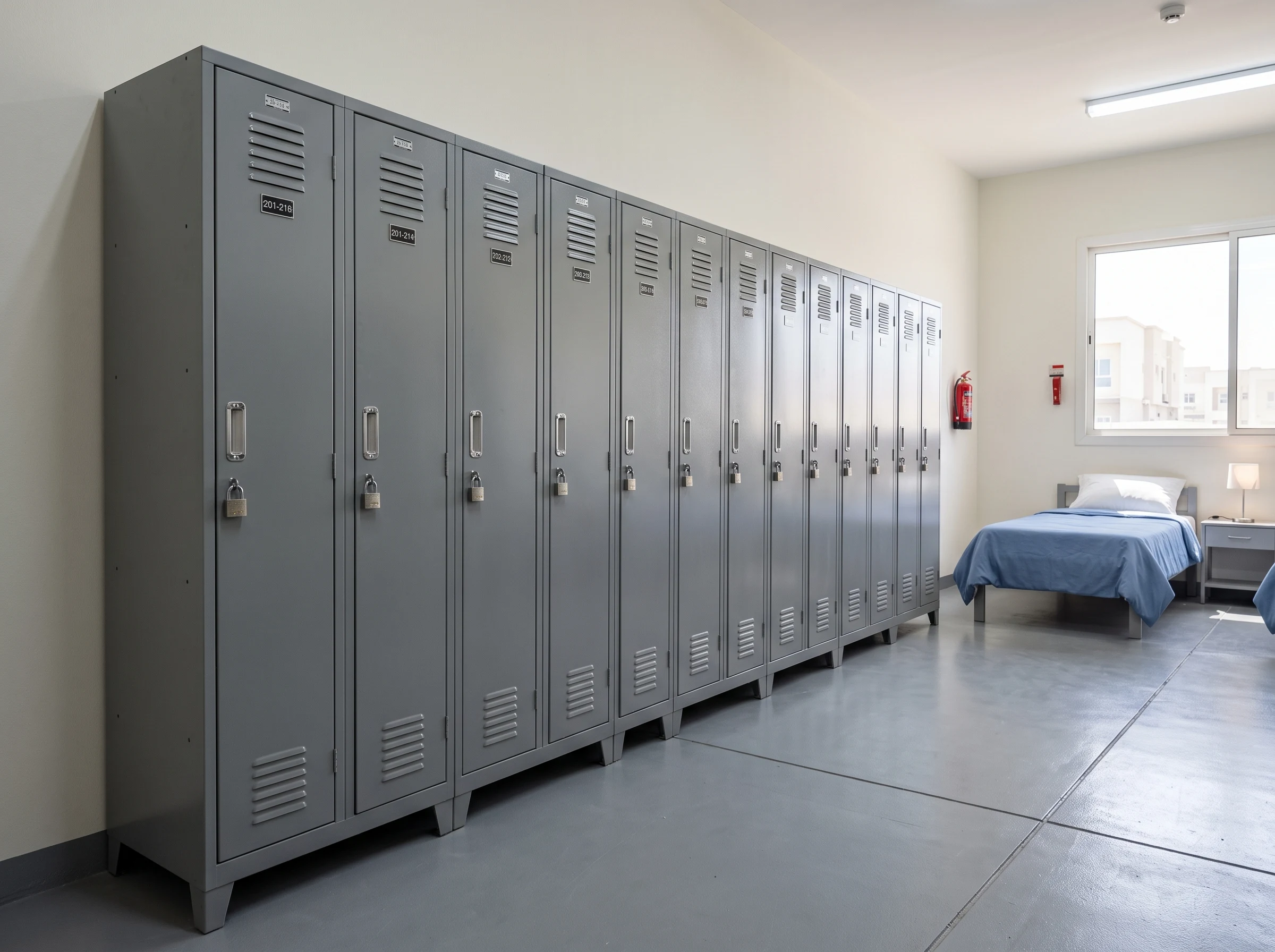 Heavy-duty steel lockers installed in a UAE labour camp accommodation room.