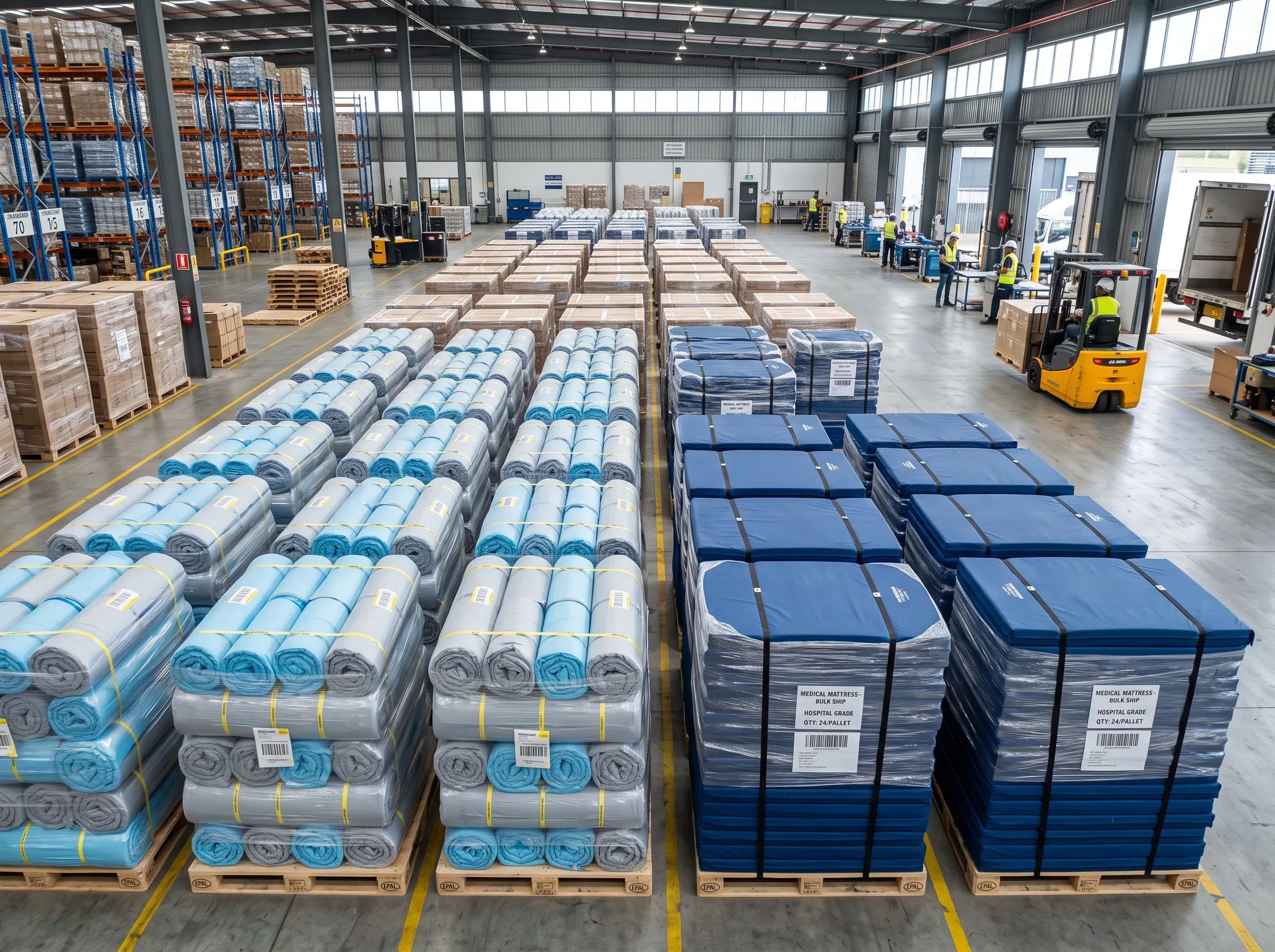 Bulk medical mattresses prepared for delivery to UAE labour camps