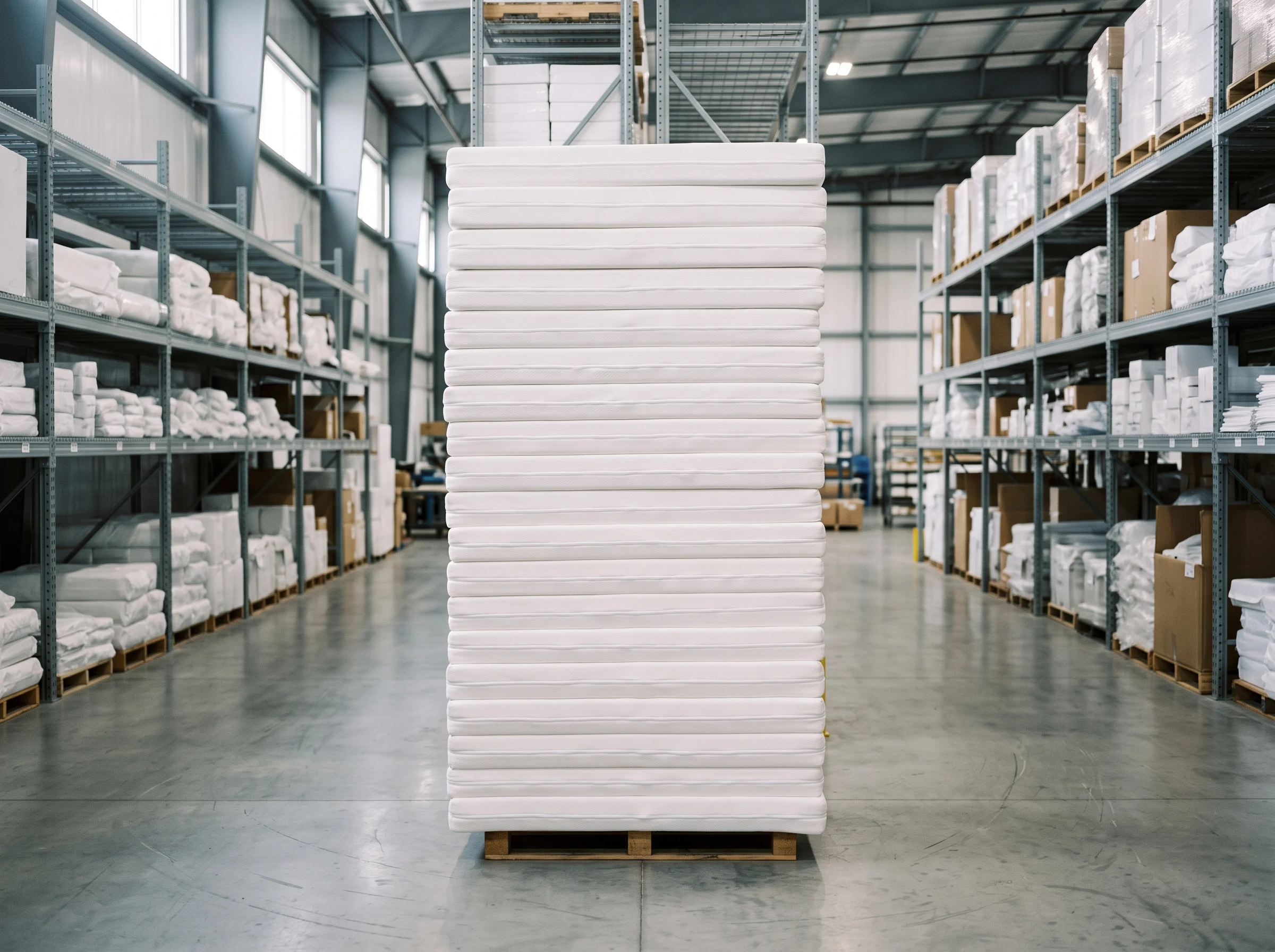 Bulk fire resistant medical grade mattresses stacked for UAE labour camp supply