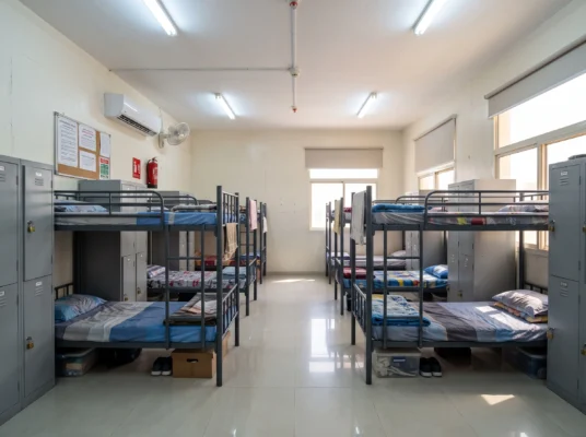 Heavy-duty steel double bunk bed designed for labour camp accommodation in the UAE.